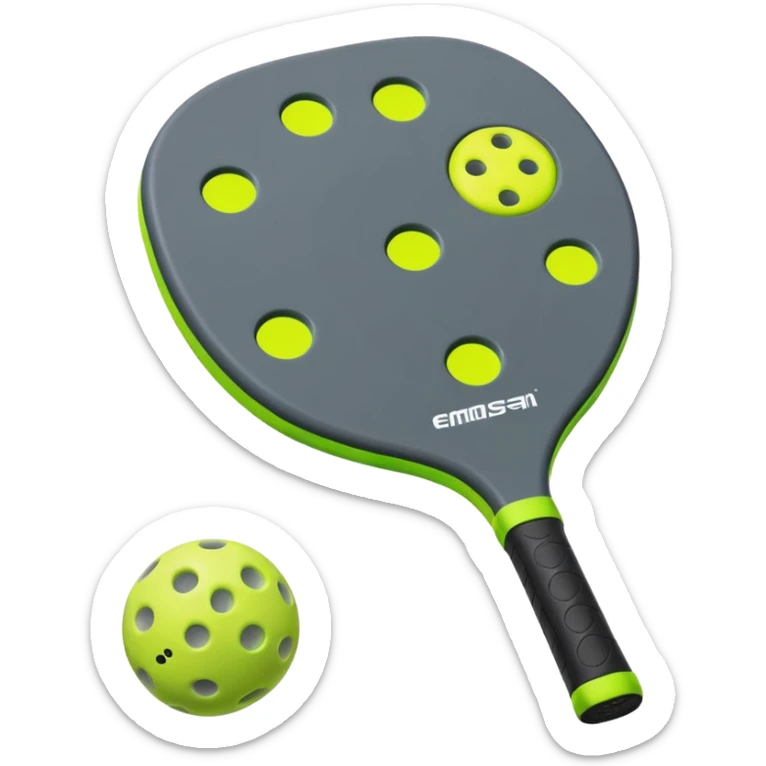 Pickleball paddle in dark grey, with pickleball ball in florescent green at 45 degrees sticker