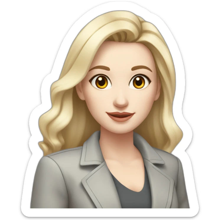 pale skin woman interior designer with cold blonde straight middle length hair, White blouse, Gray oversize jacket, Gray skirt holding a color palette in the hands sticker