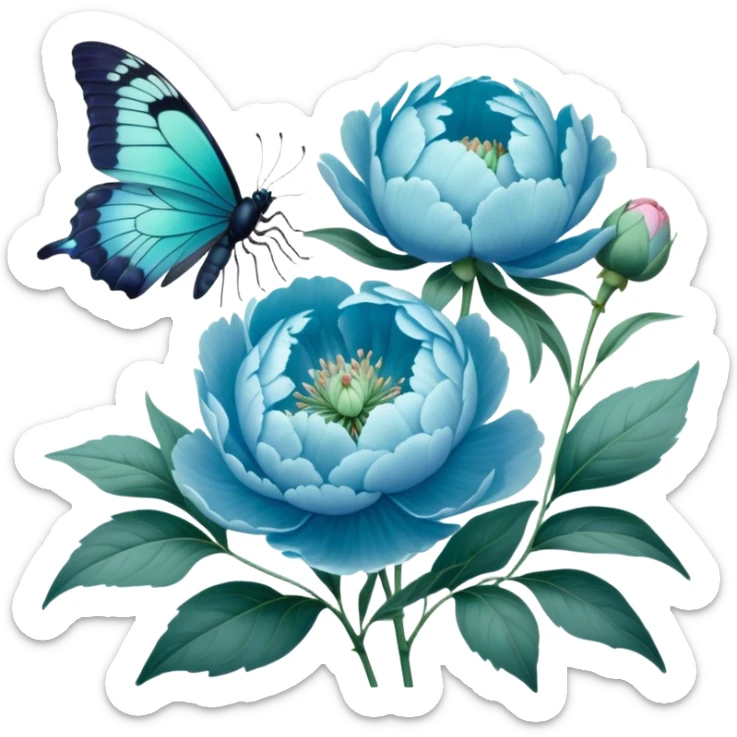 A soft pastel-toned painting of blue peonies and a green butterfly, inspired by vintage floral art. sticker