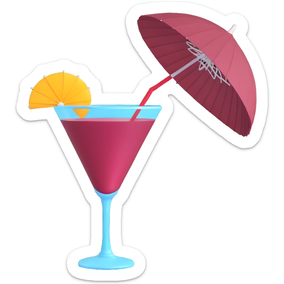 3D emoji style cocktail glass with burgundy drink and a tropical paper parasol sticker