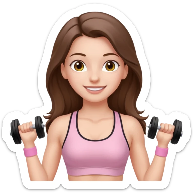 happy white long brunette hair girl with hazel eyes in light pink workout clothes at the gym sticker