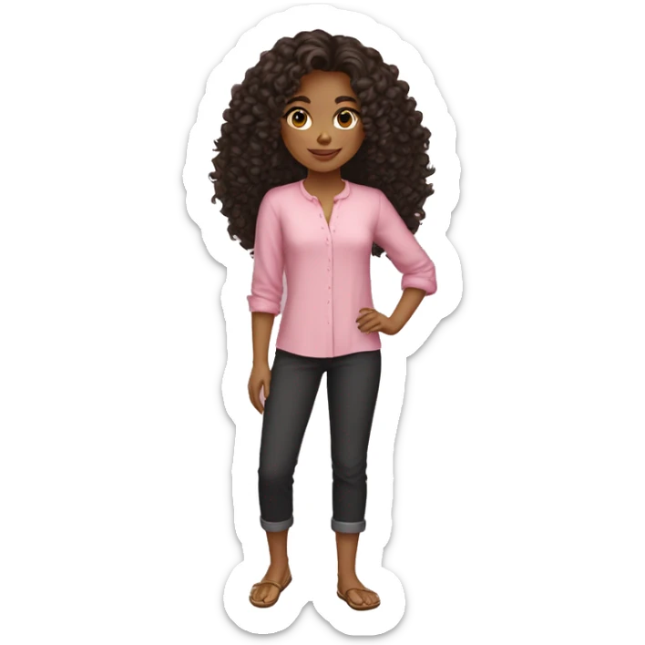 girl with straight curly hair with long sleeve pants with bare feet with sandals with short sleeve blouse black pants pink blouse showing and pretty face sticker