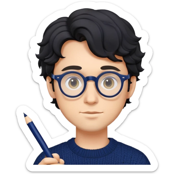 Young caucasian man with black wavy hair, round glasses, navy blue sweater, holding a pen, designer sticker