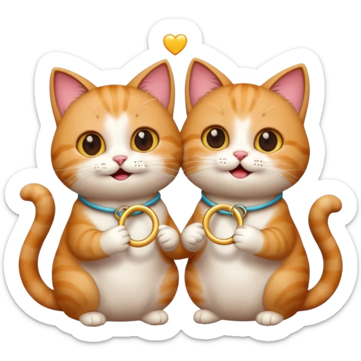 happy cat couple, one cat holding a ring, the other surprised and happy, romantic atmosphere, emoji style sticker