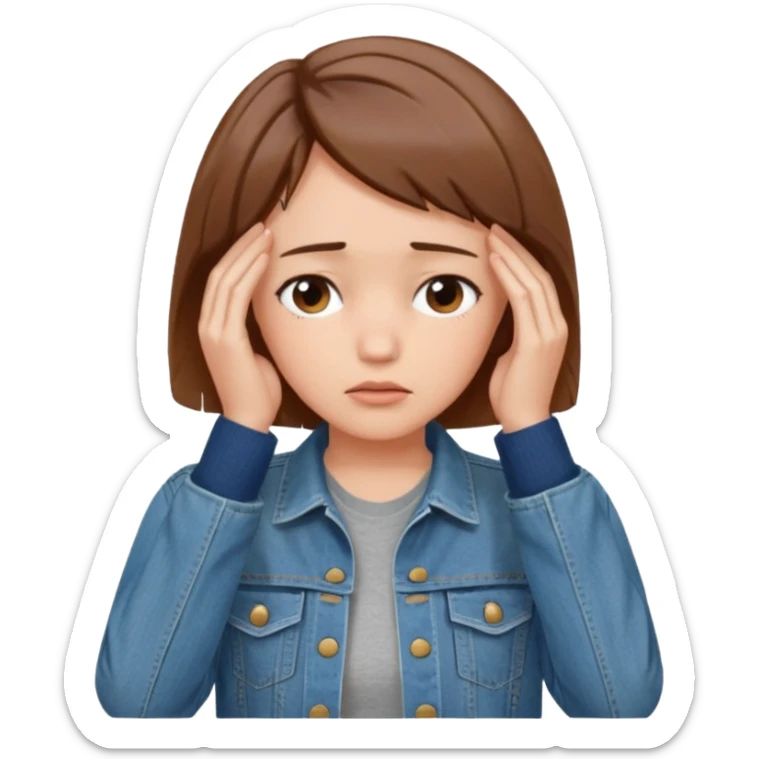 a woman with a brown short hair, looking at the left, facepalming, wearing a denim jacket, only upper body, high quality sticker