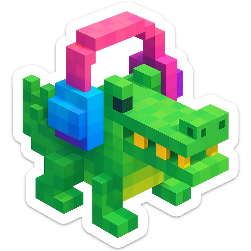 voxel style crocodile with colorful headphones, isometric view sticker