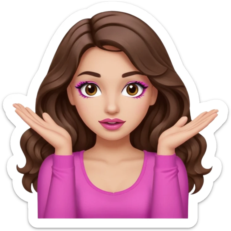 girl with long wavy brown hair, brown eyes, long lashes makeup, sexy pink lips, light to medium complexion, pink sexy top, two hands up, shrugging sticker