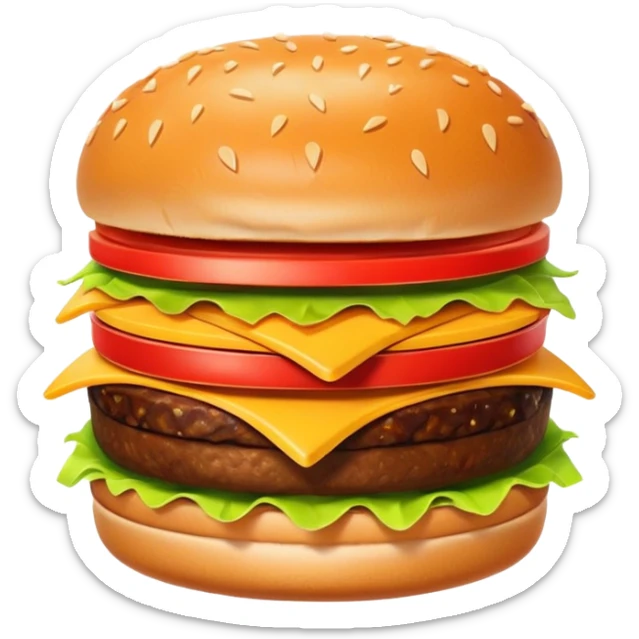 A clean and simple icon of fast food in emoji-style illustration. A burger with fries, bright and bold colors, simple shapes, flat design, high contrast, inviting and appetizing. sticker