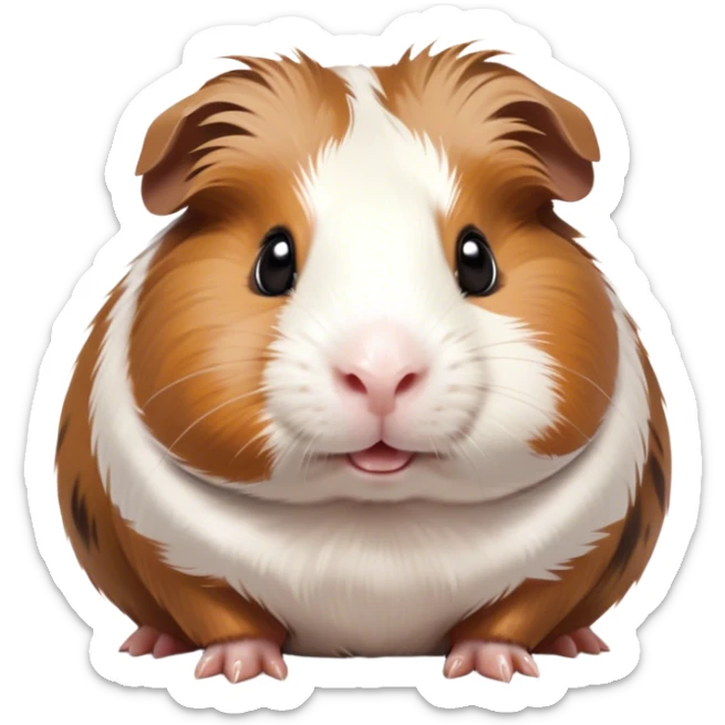 Cinematic Cute Brown and White Banded Guinea Pig Portrait Emoji, Head tilted playfully and inquisitively, showcasing a fluffy coat with playful brown and white banded patterns, round, sparkling dark eyes filled with curiosity, Simplified yet irresistibly adorable features, highly detailed, glowing with a warm, friendly glow, high shine, affectionate and spirited, stylized with a touch of whimsy, bright and endearing, soft glowing outline, capturing the essence of a mischievous yet loving guinea pig, so playful it feels like it could dash out of the screen and into your arms! sticker