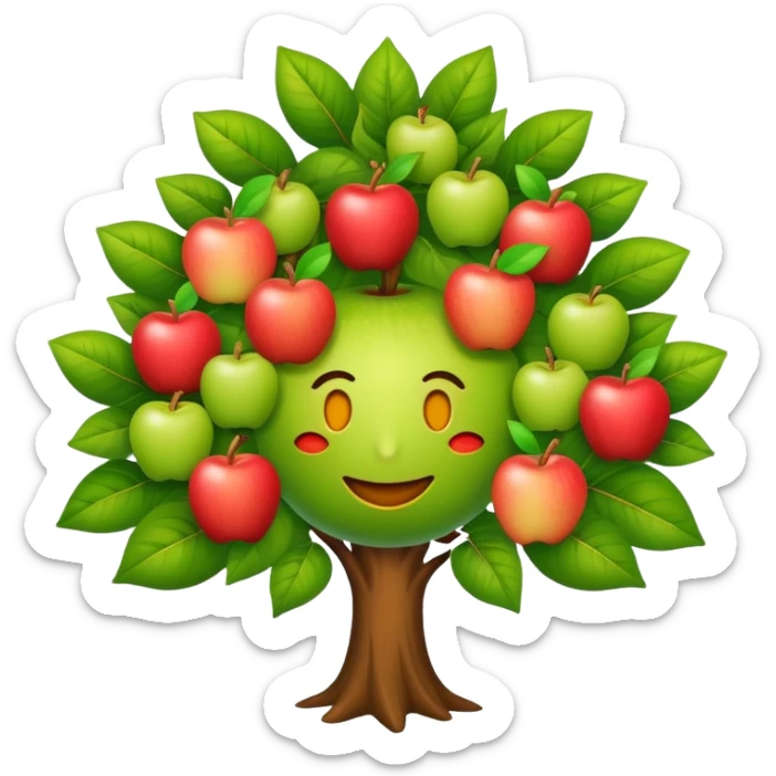 diseña a un árbol con cara sonriente y que las hojas tenga tres manzanas en cada lado o en cada parte de las hojas. sticker