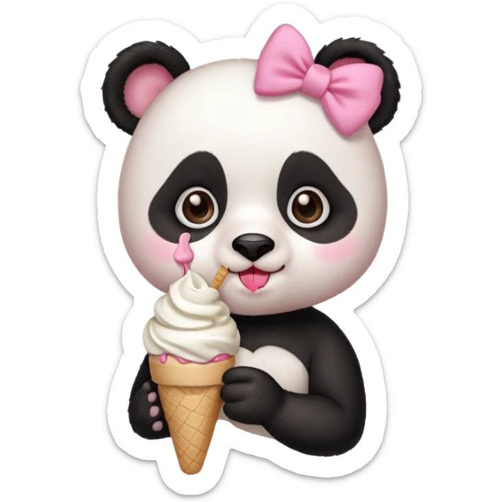 Cute chibi style girl Panda with eyelashes and big pink bow above ear eating and ice cream  sticker