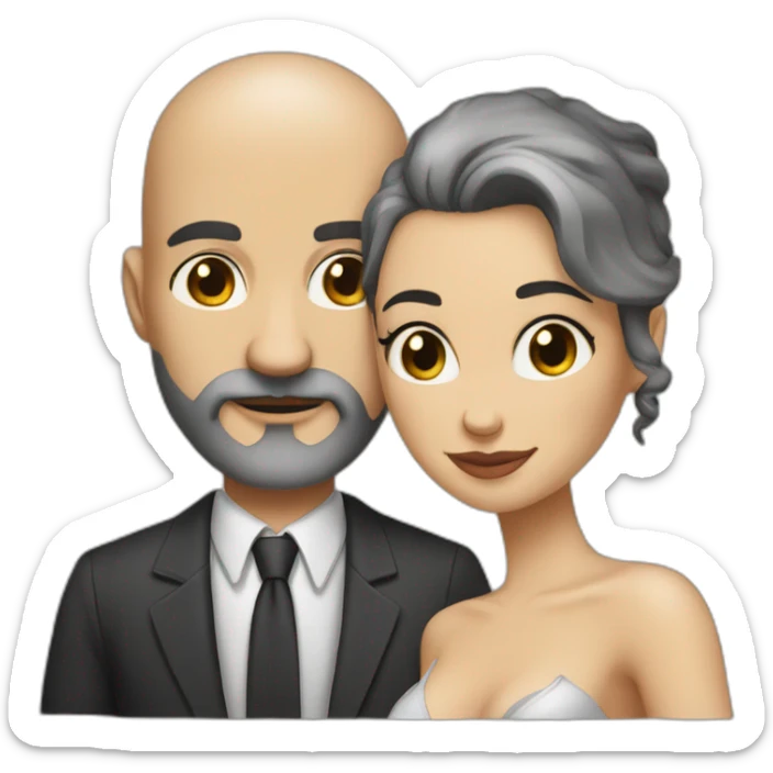 Sexy bald man with a grey little beard and a thin woman with long black hair sticker