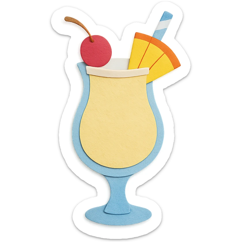 pina colada glass with a cherry, pineapple wedge, and paper straw, vibrant colors in paper-craft style sticker