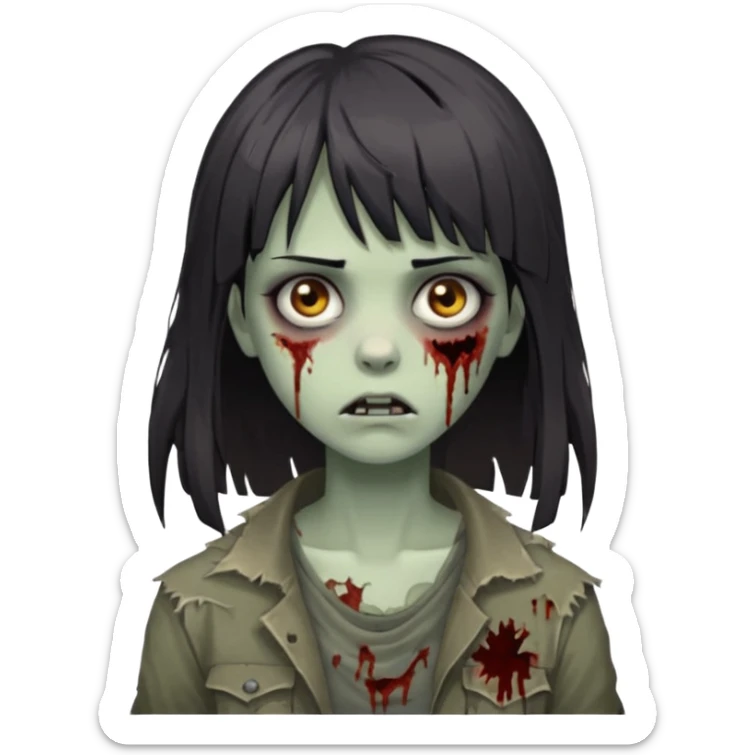 zombie 🧟‍♀️+👩🏻= girl dark hair long her shoulders bangs and ragged haircut gray eyes sticker
