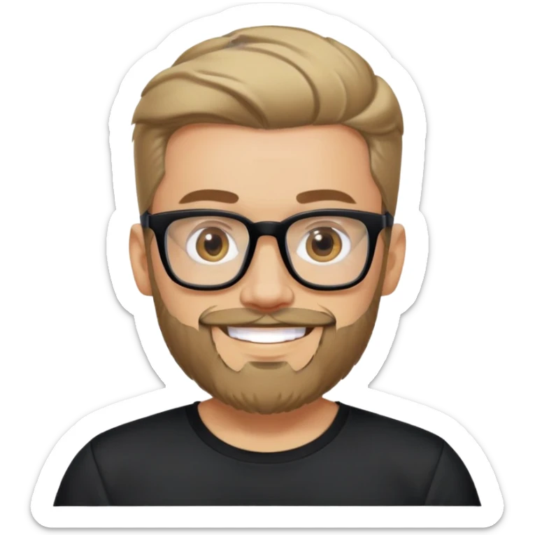 Man with light skin, full facial beard, short upswept hair, large black-framed glasses, smiling face, black sports fabric shirt sticker