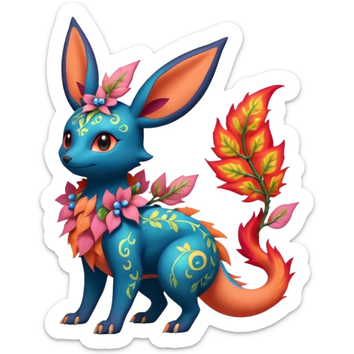 Scaly flurry floral fiery ivy-Salandit-Flareon-Bayleaf-Sylveon-Umbreon-fusion-Pokémon-hybrid-creature  sticker