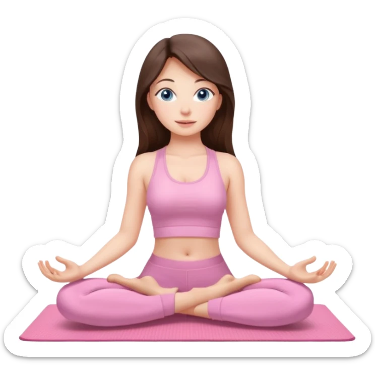 Brunette long hair and blue blue eyes yoga beautiful girl in light pink pink pink clothes sitting on a yoga mat sticker