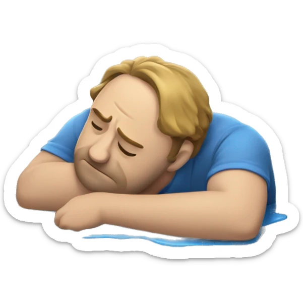 create an emoji of a man wearing a blue shirt, laying face down on the ground looking exhausted and a puddle around his face making him look melted sticker