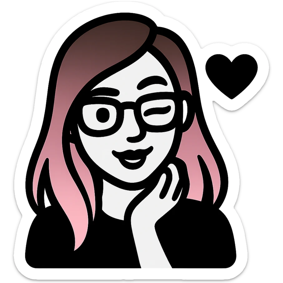 woman with gradient hair from dark to pink with glasses, brown roots, brown eyebrow, flirting, icon-black-filled style sticker