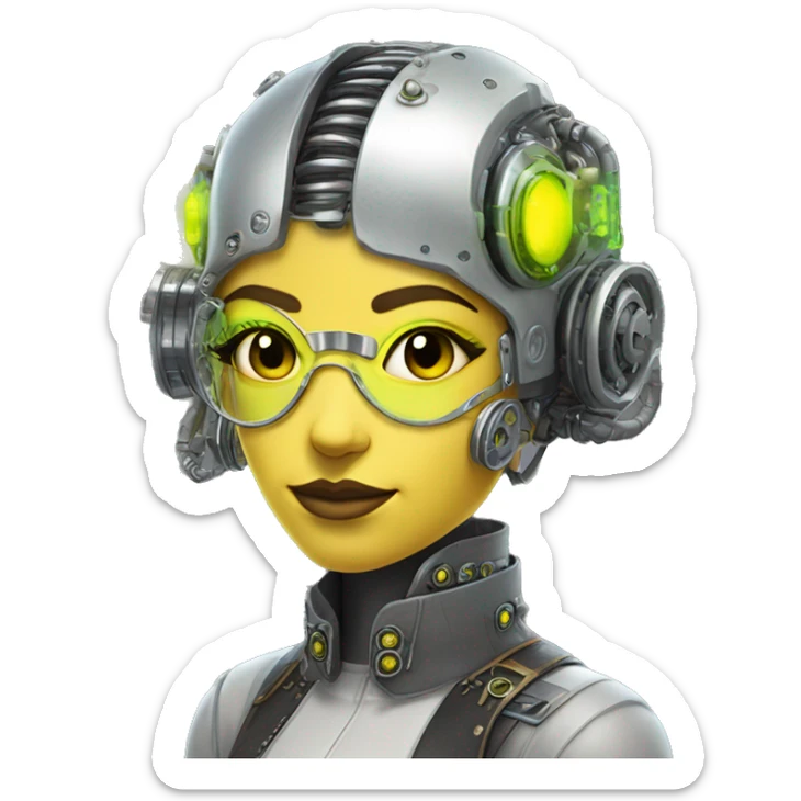 Caucasian female cyborg head with Neon yellow bobbed hair, silver steampunk goggles and circuits sticker