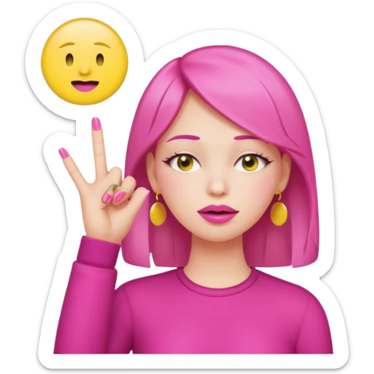 Yellow circle emoji exasperated and drumming fingers up the side of their head the eye is closed it is a side profile pink lipstick and pink nails sticker