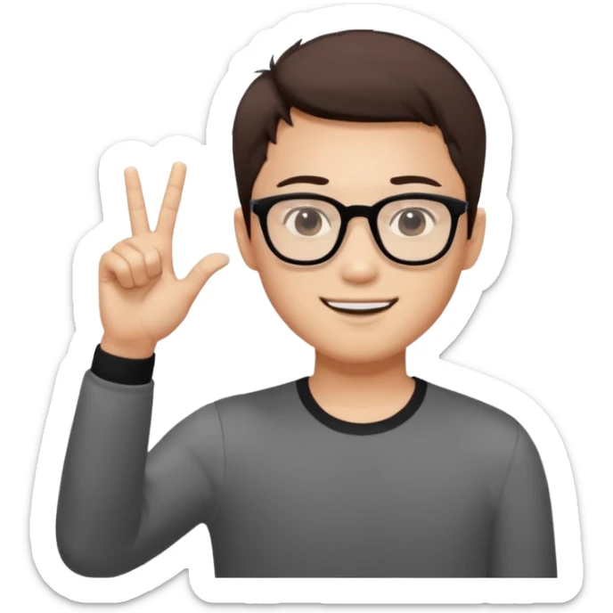 young Asian man with cool brown short hair, wearing black framed glasses, a white top, making an OK gesture with his right hand, and smiling confidently sticker