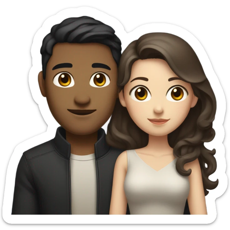 A pale half Asian man with short dark hair and amber eyes embracing and loving a white woman with long wavy brunette hair and dark hazel eyes. They love each other a lot And have good fashion taste and are hugging each other tight  sticker