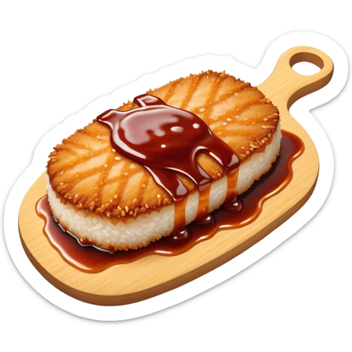 Tonkatsu Cinematic Realistic Tonkatsu Dish Emoji, depicted as a golden, crispy pork cutlet drizzled with tangy BBQ sauce, rendered with detailed textures and dynamic, appetizing lighting. sticker