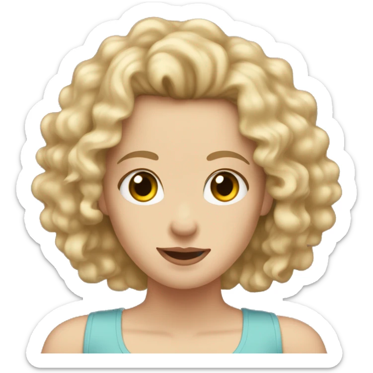 white girl with really curly long blonde hair wearing tank top hair in front sticker
