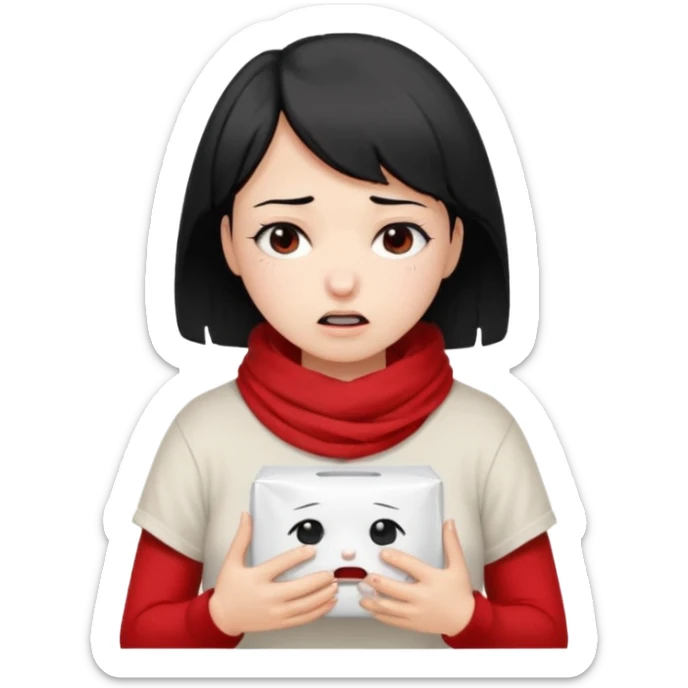 a pretty bratz fair girl crying in a loose oversized off white tshirt and red scarf with short black hair with a tissue box sticker
