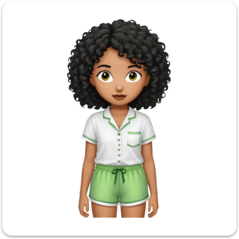 Menina morena do cabelo encaracolados pretos e um pijama de blusa branca e short molinho verde sticker