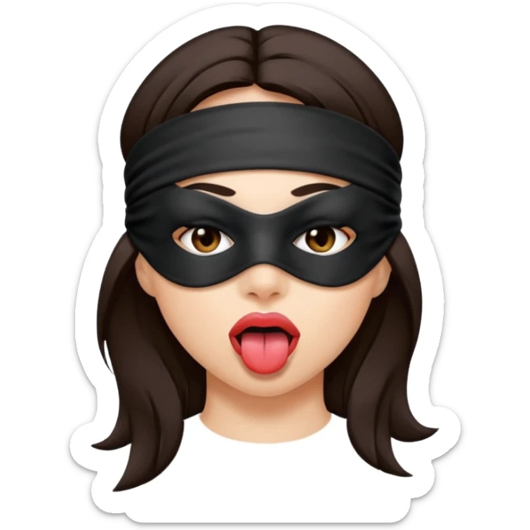 woman with dark brown hair wearing black fabric over eyes with tongue out sticker