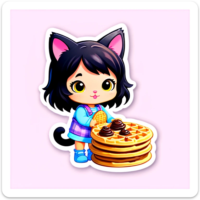 Kitty cat with waffles with little girl little girl picking up cat poop ￼ sticker