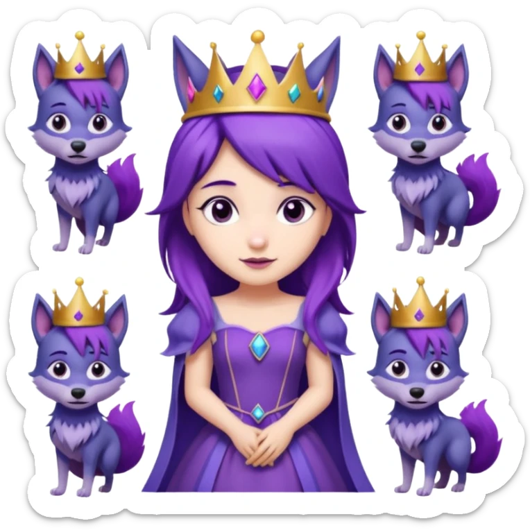  a cute princess wearing a purple dress and crown with purple hair and purple wolf ears and purple wolf tail character. Each square shows the character doing different actions against a white background And make a gap between each illusion sticker