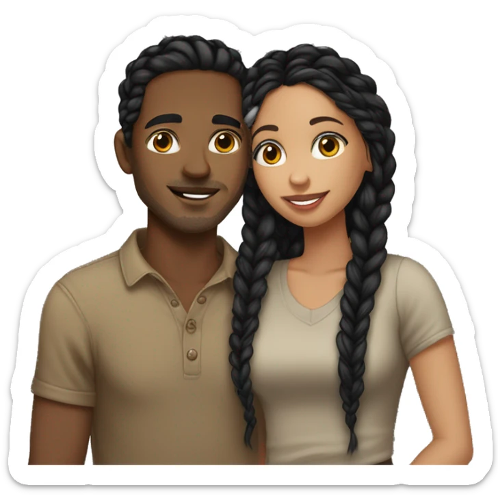 Girl with long wavy black hair wearing a brown shirt kissing a light skin man with black braids wearing a black shirt sticker