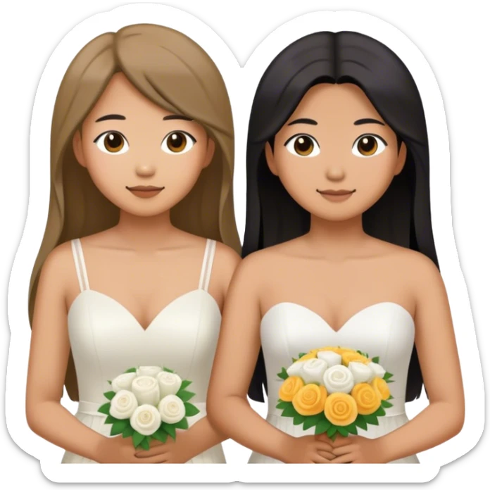 Asian lesbian couple at wedding. One of them has long hair and the other has very short hair. sticker