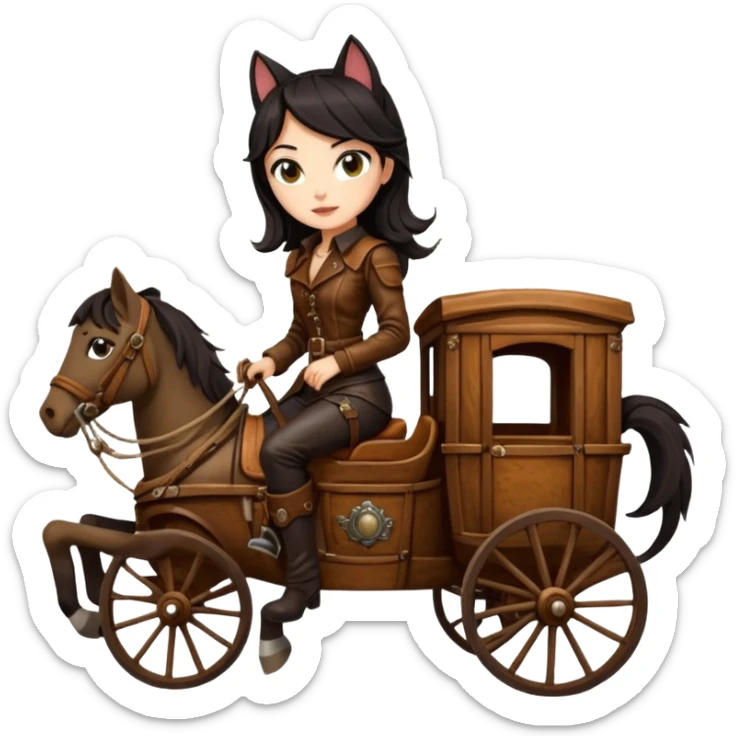  Rustic Lego antique wood detailed 1854 pretty dark-haired Catgirl driving a huge horse-drawn stagecoach Caravan on a bumpy scary trail in the woods  sticker