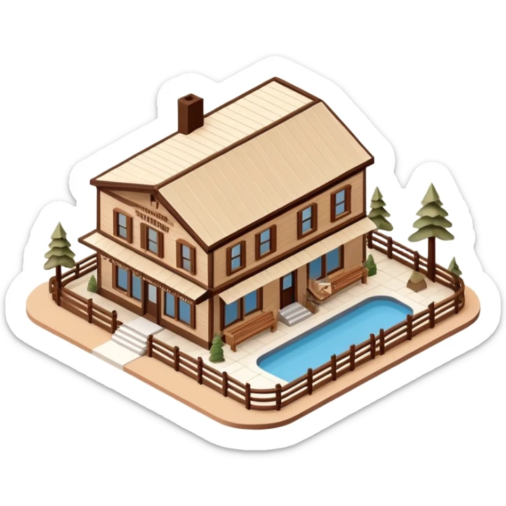 Isometric exterior brown and beige national parks shop and visitor center, dollhouse style 3D realistic  sticker