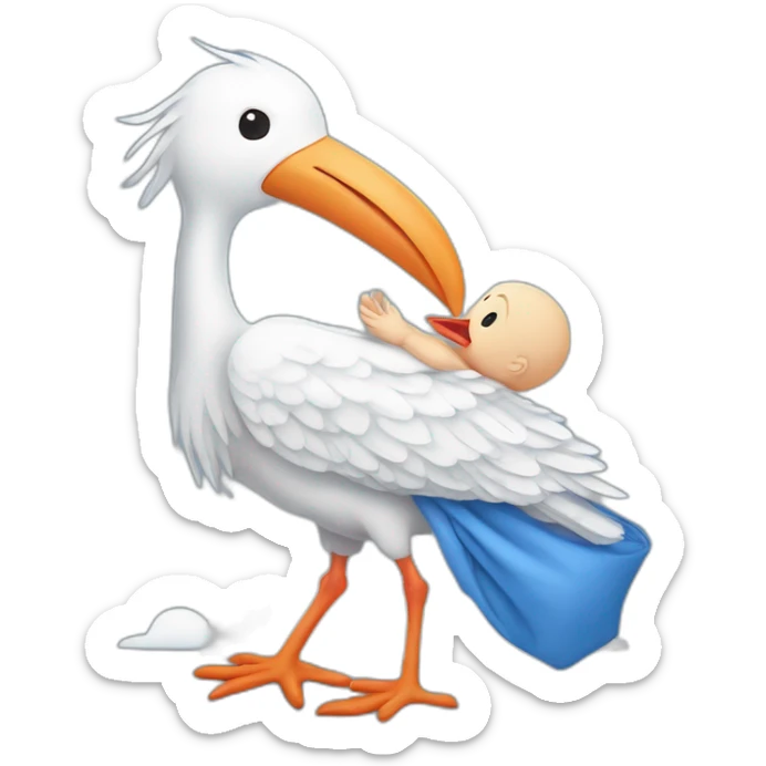 White stork carrying a blue bundle of cloth that has a human person cute baby human in it and the human baby head is peeking from the fabric the strok is carrying in its beak sticker