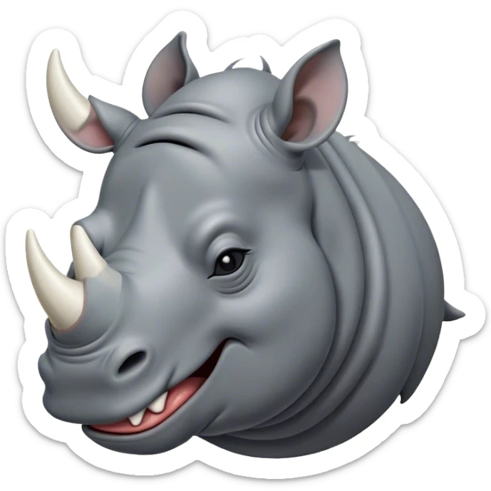 Cinematic Cute Yawning Rhinoceros Portrait Emoji, Head tilted slightly with a dramatic, wide-open yawn, showcasing a soft, textured slate-gray hide with a slightly drooping white horn and eyes barely open in drowsy contentment, Simplified yet irresistibly adorable features, highly detailed, glowing with a soft, cozy glow, high shine, relaxed yet expressive, stylized with a touch of rugged whimsy, bright and endearing, soft glowing outline, capturing the essence of a sleepy yet affectionate rhinoceros, so drowsy it feels like it could stretch out of the screen and curl up for a nap! sticker