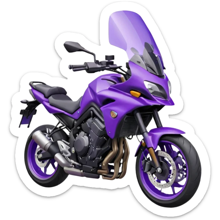 Créer un emoji avec une moto mt07 sport noir mate / violet iridescent très foncé, pare-brise de la moto violet. Avec une pilote dessus visière violet sombre visage caché . Avec fond arrière violet en arrière plan. sticker
