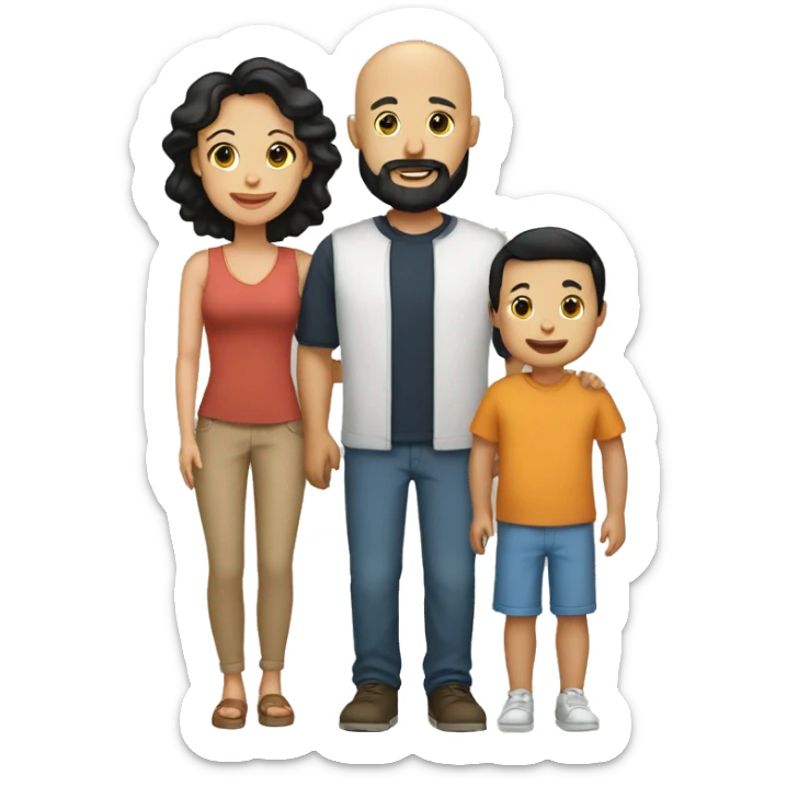 Family, bald tan dad with black beard, white mom with black hair, tan baby boy sticker