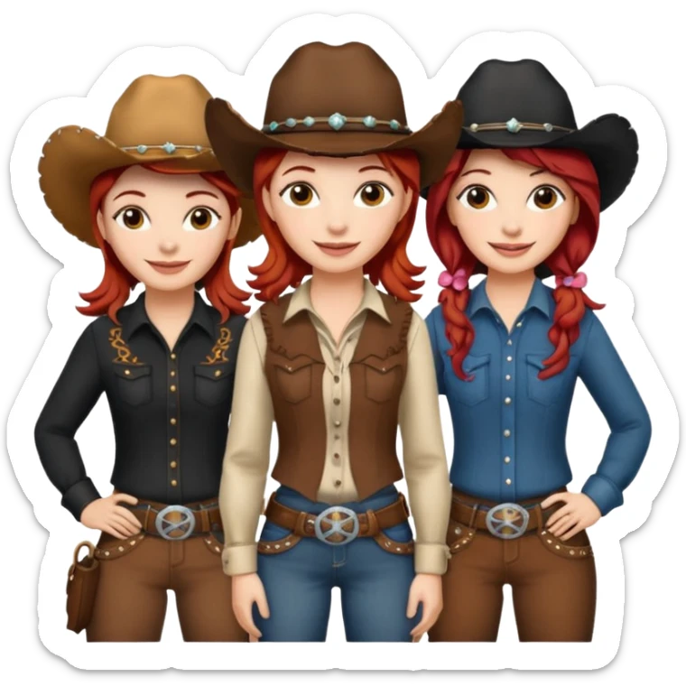 3 cowgirls one red hair one brown hair one black cute western outfits girly sticker