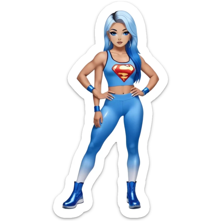 body with long legs-very very very large chest with clevage-sexy face-leggings-puma boots-very long very straight dark blue to light blue ombre hair-and-blue eyes-thick black eyeliner-thick long eyelashes-sky blue lowcut tanktop with glitter superman logo-silver hoop earrings sticker