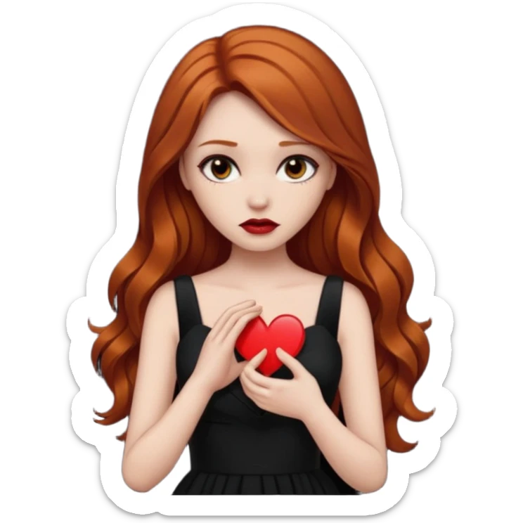  woman flirting long dark ginger hair dark make up holding a broken heart black dress sticker