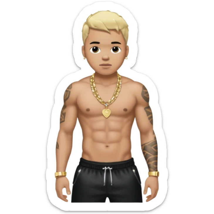 Chris Brown with blonde hair, black sequin baggy pants, shirtless with necklace sticker