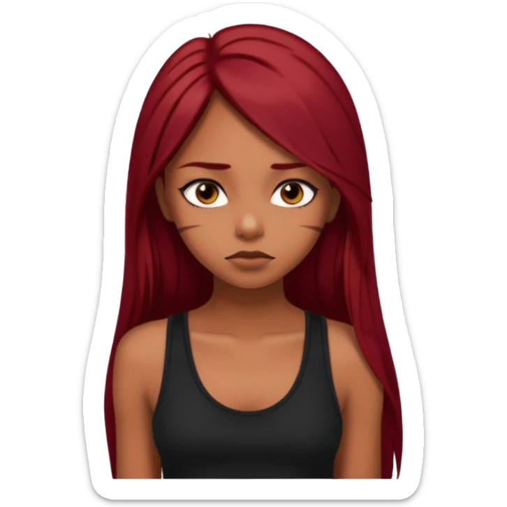 a brown girl with straight long dark red hair, black tank top, eyeliner on. Looking sad sticker