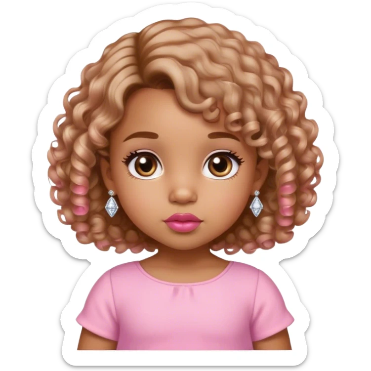 light brown skin tone, very adorable toddler, with big plump lips, long long lashes, curly bob, brown eyes, pink dress, diamond stud earrings sticker
