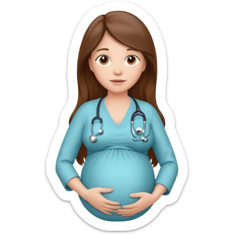 A pregnant woman with long brown hair belly with a stethoscope sticker