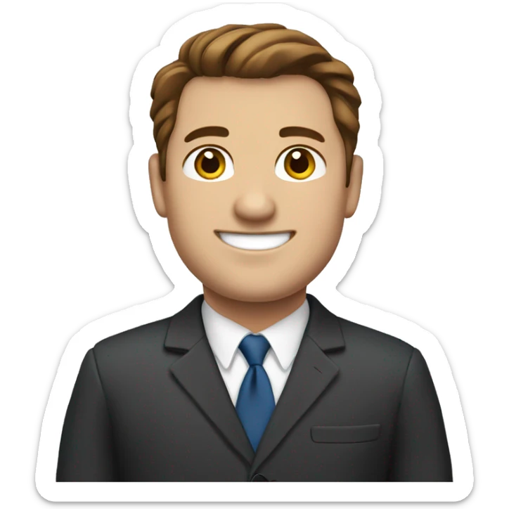 a slightly overweight man with brown hair and brown eyes smiling in a business suit. sticker